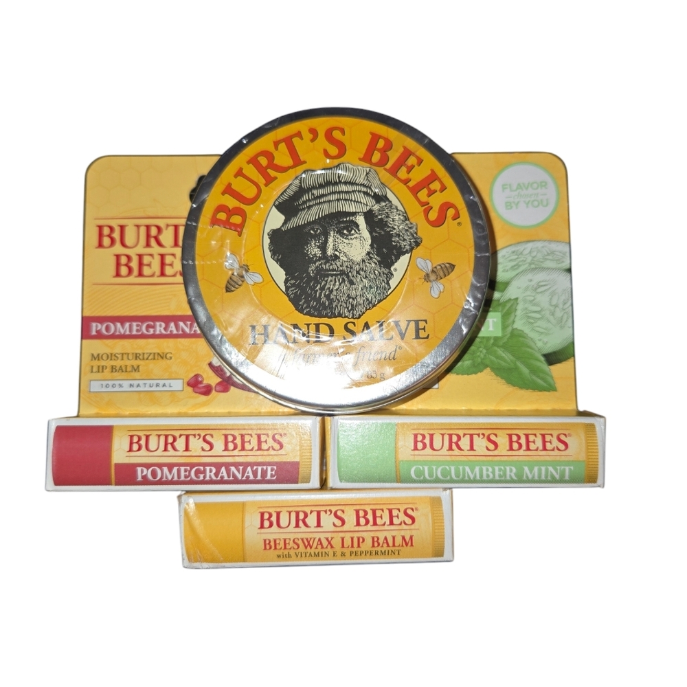 Burt's Bees NWT 4 Piece Skin Care Bundle Hand Salve & Variety of 3 Lip Balms NEW